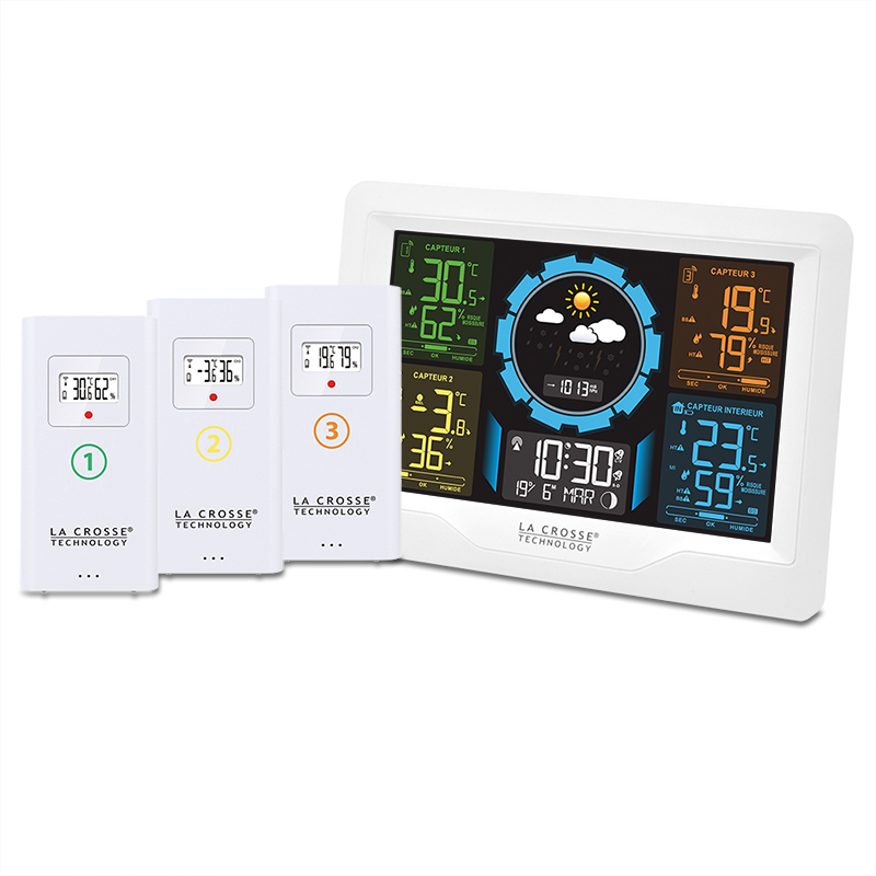 Station météo sans fil avec 2 capteurs extérieurs, horloge radio DCF  Alarmes intérieures et extérieures Température et humidité de l'air